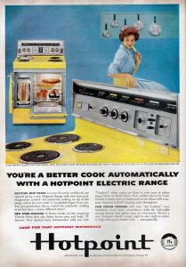 Image: Sexy over the shoulder Hotpoint electric range ad 1959-60 promotion.