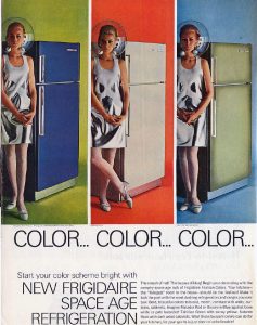 Image: Full page magazine ad from the 1960s for the NEW FRIGIDAIRE SPACE AGE REFRIGERATION.